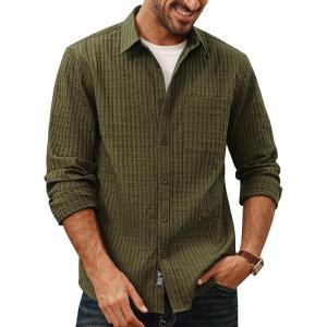 PJ PAUL JONES Men’s Casual Button Down Shirts Long Sleeve Textured Wrinkle Free Untucked Shirt with Pocket(Army Green)