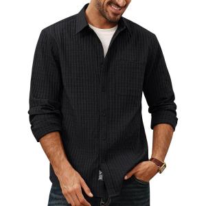 PJ PAUL JONES Men’s Casual Button Down Shirts Long Sleeve Textured Wrinkle Free Untucked Shirt with Pocket(Black)