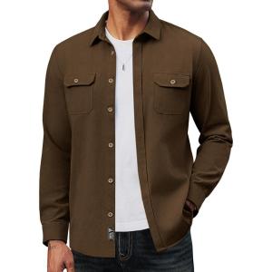 PJ PAUL JONES Mens Casual Shacket Cotton Twill Lightweight Jackets Button Down Shirt Jacket with Pockets(Coffee)
