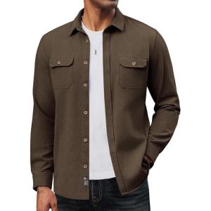PJ PAUL JONES Mens Casual Shacket Cotton Twill Lightweight Jackets Button Down Shirt Jacket with Pockets(Dark Brown)