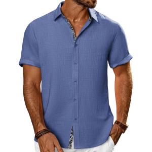 PJ PAUL JONES Men’s Casual Short Sleeve Button Down Shirt Summer Beach Wedding Shirt(Denim Blue)