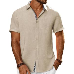 PJ PAUL JONES Men’s Casual Short Sleeve Button Down Shirt Summer Beach Wedding Shirt(Khaki)