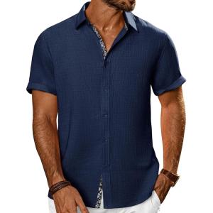 PJ PAUL JONES Men’s Casual Short Sleeve Button Down Shirt Summer Beach Wedding Shirt(Navy Blue)