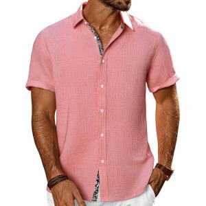PJ PAUL JONES Men’s Casual Short Sleeve Button Down Shirt Summer Beach Wedding Shirt(Pink)