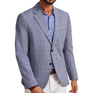 PJ PAUL JONES Mens Casual Sport Coats Two Buttons Lightweight Business Sport Blazer(Plaid- Grey Blue)