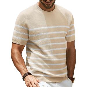 PJ PAUL JONES Mens Casual T-Shirts Classic Short Sleeve Knit Tees Crewneck Solid Tee Shirts(Apricot-striped)