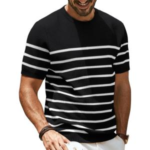 PJ PAUL JONES Mens Casual T-Shirts Classic Short Sleeve Knit Tees Crewneck Solid Tee Shirts(Black-striped)