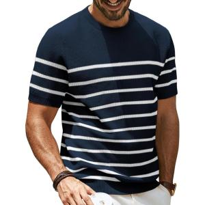 PJ PAUL JONES Mens Casual T-Shirts Classic Short Sleeve Knit Tees Crewneck Solid Tee Shirts(Navy Blue-striped)
