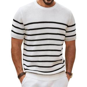 PJ PAUL JONES Mens Casual T-Shirts Classic Short Sleeve Knit Tees Crewneck Solid Tee Shirts(White-striped)