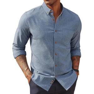 PJ PAUL JONES Mens Classic Fit Linen-Cotton Shirt Button Down Long Sleeve Casual Business Shirts(Blue)