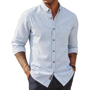 PJ PAUL JONES Mens Classic Fit Linen-Cotton Shirt Button Down Long Sleeve Casual Business Shirts(Blue Apricot Stripes)