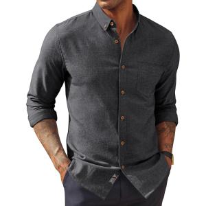 PJ PAUL JONES Mens Classic Fit Linen-Cotton Shirt Button Down Long Sleeve Casual Business Shirts(Charcoal Black)