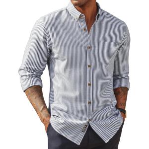 PJ PAUL JONES Mens Classic Fit Linen-Cotton Shirt Button Down Long Sleeve Casual Business Shirts(Dark Blue Stripes)