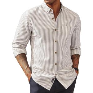 PJ PAUL JONES Mens Classic Fit Linen-Cotton Shirt Button Down Long Sleeve Casual Business Shirts(Light Beige Stripes)