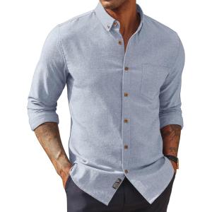 PJ PAUL JONES Mens Classic Fit Linen-Cotton Shirt Button Down Long Sleeve Casual Business Shirts(Light Blue)