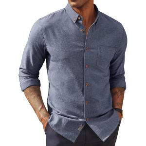 PJ PAUL JONES Mens Classic Fit Linen-Cotton Shirt Button Down Long Sleeve Casual Business Shirts(Navy Blue)