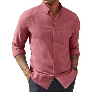 PJ PAUL JONES Mens Classic Fit Linen-Cotton Shirt Button Down Long Sleeve Casual Business Shirts(Red)