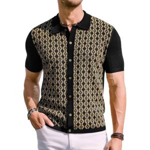 PJ PAUL JONES Men’s Contrast 70s Vintage Polo Shirts Short Sleeve Knitwear(Black/Gold)