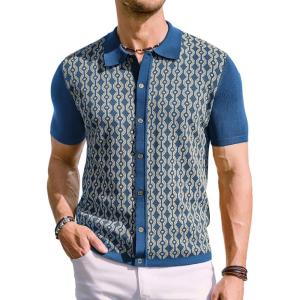 PJ PAUL JONES Men’s Contrast 70s Vintage Polo Shirts Short Sleeve Knitwear(Blue)