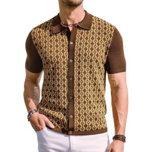 PJ PAUL JONES Men’s Contrast 70s Vintage Polo Shirts Short Sleeve Knitwear(Brown)