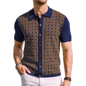 PJ PAUL JONES Men’s Contrast 70s Vintage Polo Shirts Short Sleeve Knitwear(Navy/Gold)