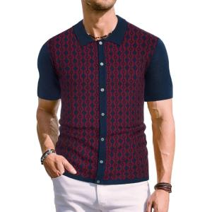 PJ PAUL JONES Men’s Contrast 70s Vintage Polo Shirts Short Sleeve Knitwear(Red)