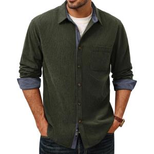 PJ PAUL JONES Men’s Corduroy Button Down Shirt Long Sleeve Casual Collared Wrinkle Free Untucked Shirts with Pocket(Army Green)