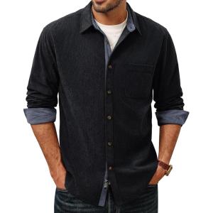 PJ PAUL JONES Men’s Corduroy Button Down Shirt Long Sleeve Casual Collared Wrinkle Free Untucked Shirts with Pocket(Black)