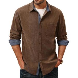 PJ PAUL JONES Men’s Corduroy Button Down Shirt Long Sleeve Casual Collared Wrinkle Free Untucked Shirts with Pocket(Brown)