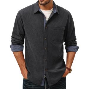 PJ PAUL JONES Men’s Corduroy Button Down Shirt Long Sleeve Casual Collared Wrinkle Free Untucked Shirts with Pocket(Gray)