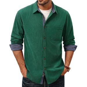 PJ PAUL JONES Men’s Corduroy Button Down Shirt Long Sleeve Casual Collared Wrinkle Free Untucked Shirts with Pocket(Green)