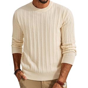 PJ PAUL JONES Mens Crew Neck Sweater Lightweight Cable Knitted Pullover Sweaters(Apricot)