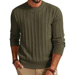 PJ PAUL JONES Mens Crew Neck Sweater Lightweight Cable Knitted Pullover Sweaters(Army Green)