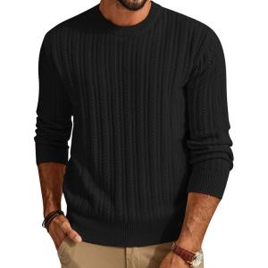 PJ PAUL JONES Mens Crew Neck Sweater Lightweight Cable Knitted Pullover Sweaters(Black)