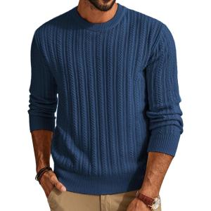 PJ PAUL JONES Mens Crew Neck Sweater Lightweight Cable Knitted Pullover Sweaters(Grey Blue)
