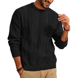 PJ PAUL JONES Mens Crewneck Sweater Casual Cable Knit Pullover Sweater Drop Shoulder Solid Knitted Sweaters(Black)