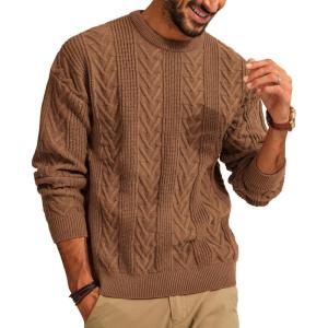 PJ PAUL JONES Mens Crewneck Sweater Casual Cable Knit Pullover Sweater Drop Shoulder Solid Knitted Sweaters(Brown)