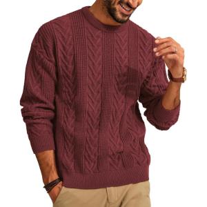 PJ PAUL JONES Mens Crewneck Sweater Casual Cable Knit Pullover Sweater Drop Shoulder Solid Knitted Sweaters(Burgundy)