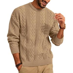 PJ PAUL JONES Mens Crewneck Sweater Casual Cable Knit Pullover Sweater Drop Shoulder Solid Knitted Sweaters(Camel)
