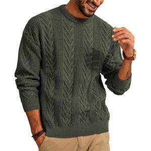 PJ PAUL JONES Mens Crewneck Sweater Casual Cable Knit Pullover Sweater Drop Shoulder Solid Knitted Sweaters(Dark Green)