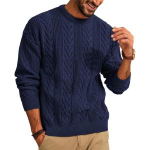 PJ PAUL JONES Mens Crewneck Sweater Casual Cable Knit Pullover Sweater Drop Shoulder Solid Knitted Sweaters(Navy Blue)