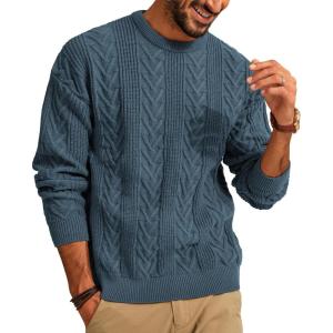 PJ PAUL JONES Mens Crewneck Sweater Casual Cable Knit Pullover Sweater Drop Shoulder Solid Knitted Sweaters(Royal Blue)
