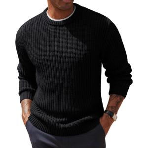 PJ PAUL JONES Men‘s Crewneck Sweater Knitted Textured Casual Pullover for Winter(Black)