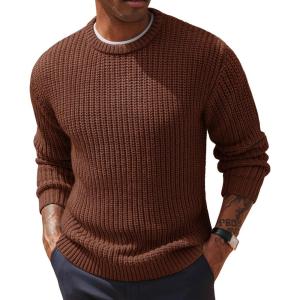PJ PAUL JONES Men‘s Crewneck Sweater Knitted Textured Casual Pullover for Winter(Coffee)