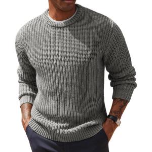 PJ PAUL JONES Men‘s Crewneck Sweater Knitted Textured Casual Pullover for Winter(Grey)