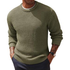 PJ PAUL JONES Men‘s Crewneck Sweater Knitted Textured Casual Pullover for Winter(Grey Green)