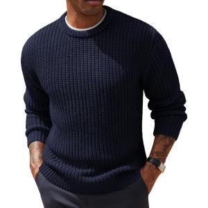 PJ PAUL JONES Men‘s Crewneck Sweater Knitted Textured Casual Pullover for Winter(Navy Blue)