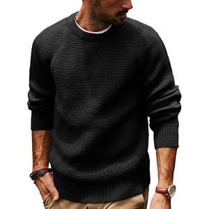 PJ PAUL JONES Mens Crewneck Sweater Waffle Knitted Pullover Sweaters Raglan Sleeve Knitwear Sweaters(Black)