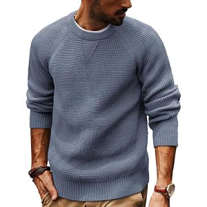 PJ PAUL JONES Mens Crewneck Sweater Waffle Knitted Pullover Sweaters Raglan Sleeve Knitwear Sweaters(Blue Grey)