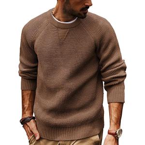 PJ PAUL JONES Mens Crewneck Sweater Waffle Knitted Pullover Sweaters Raglan Sleeve Knitwear Sweaters(Camel)